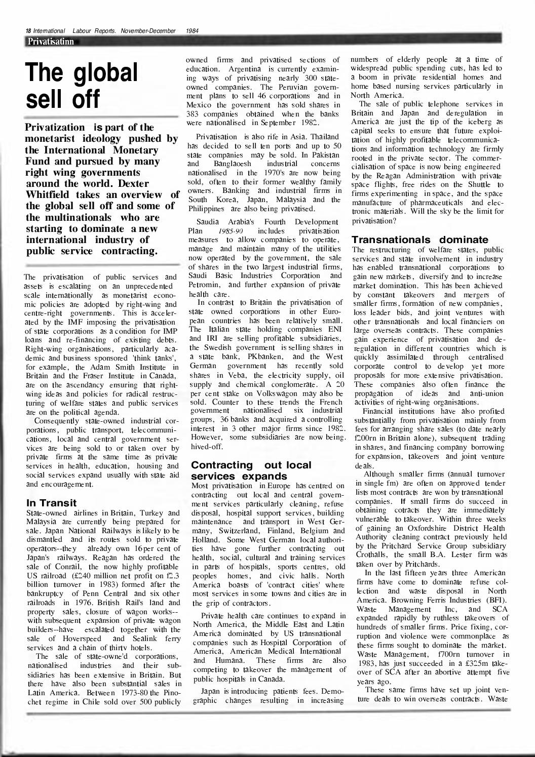 The Global Sell-Off, International Labour Reports, November-December, 1984, p18-19.