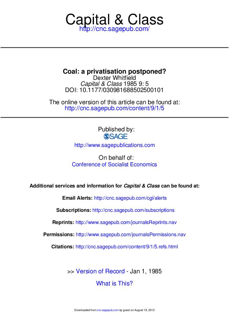 Coal: a privatisation postponed? Capital & Class, Spring 1985, vol. 9, No. 1, pp5-14