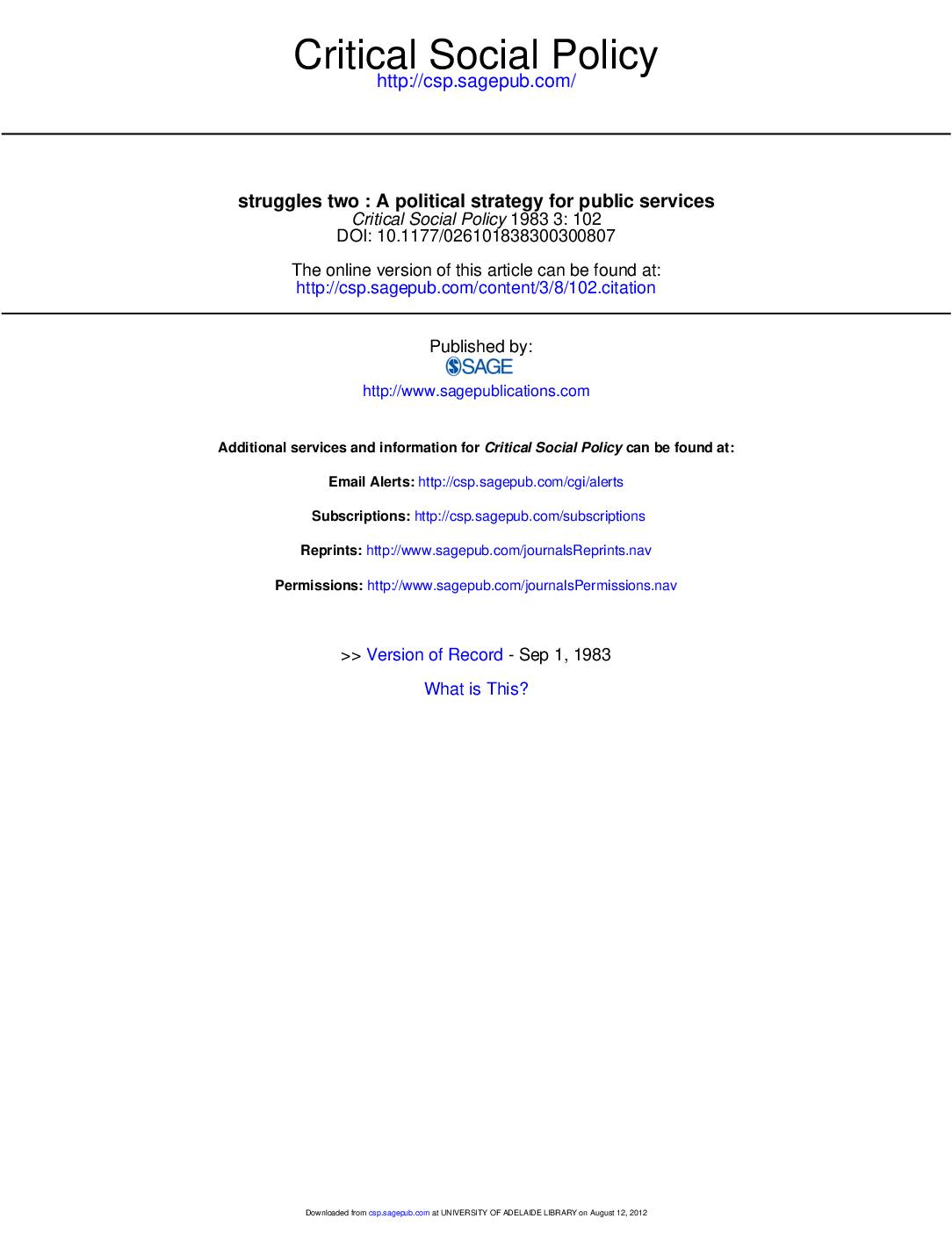 A Political Strategy for Public Services, Critical Social Policy, 1983, 3:102