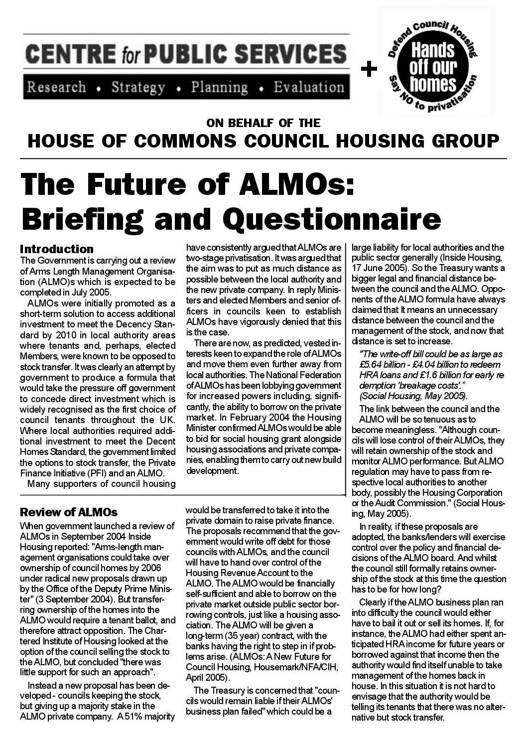 ALMOs – National Housing Survey of Elected Members, Tenant and Trade Union representatives