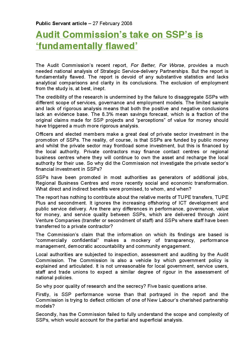Public Private Partnerships: Confidential ‘Research’, A Critique of the Audit Commission’s study of Strategic Service-delivery Partnerships by Dexter Whitfield