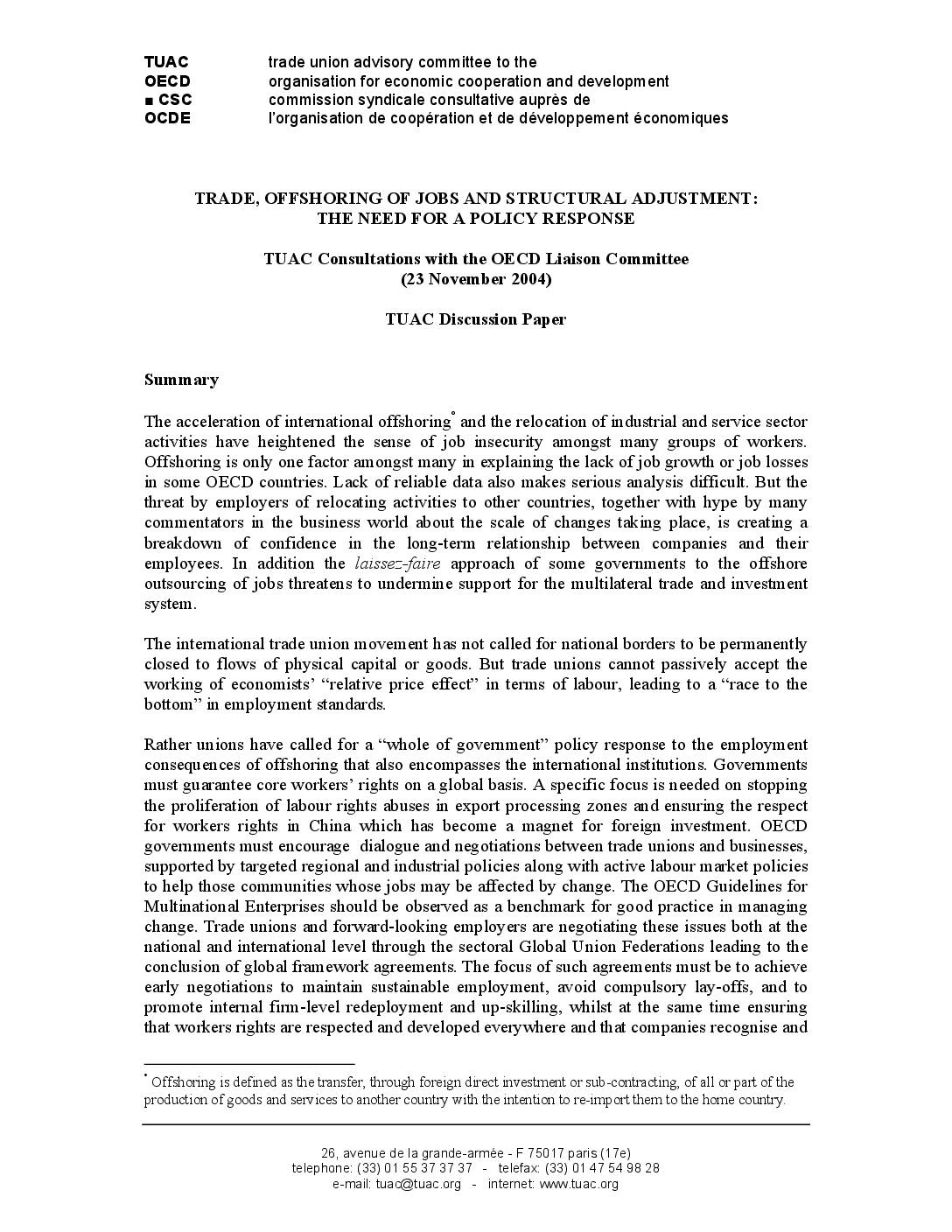 Trade, Offshoring of Jobs and Structural Adjustment: The Need for a Policy Response