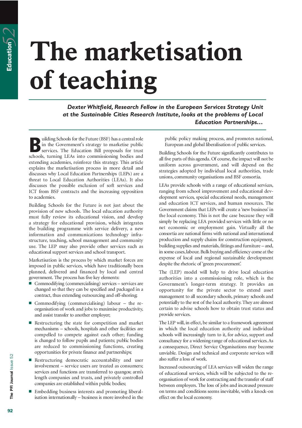 The Marketisation of Teaching: PFI Journal No 52 April 2006