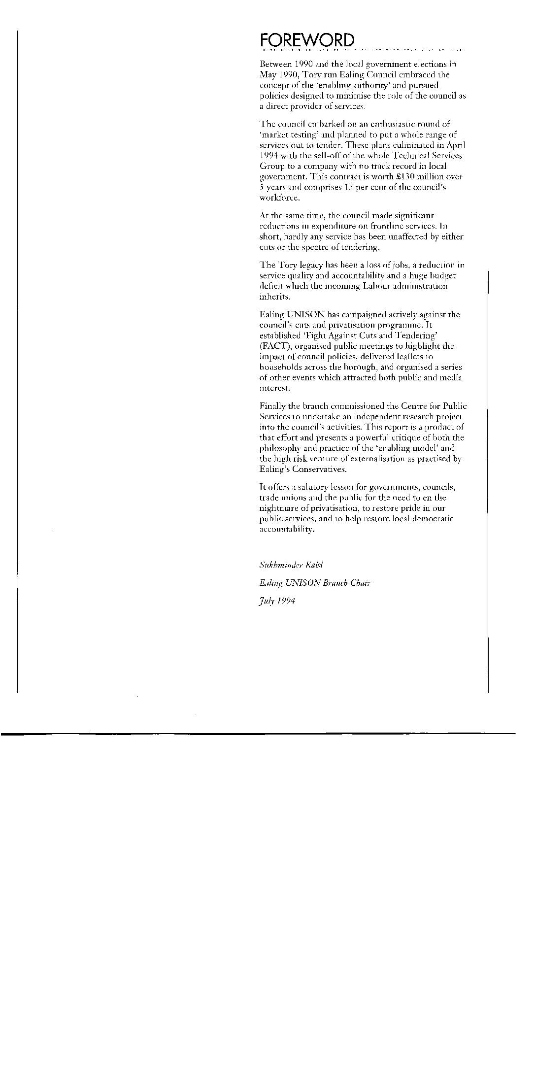 Ealing Council: Putting Public Services at Risk- The record of the Conservative administration 1990-94