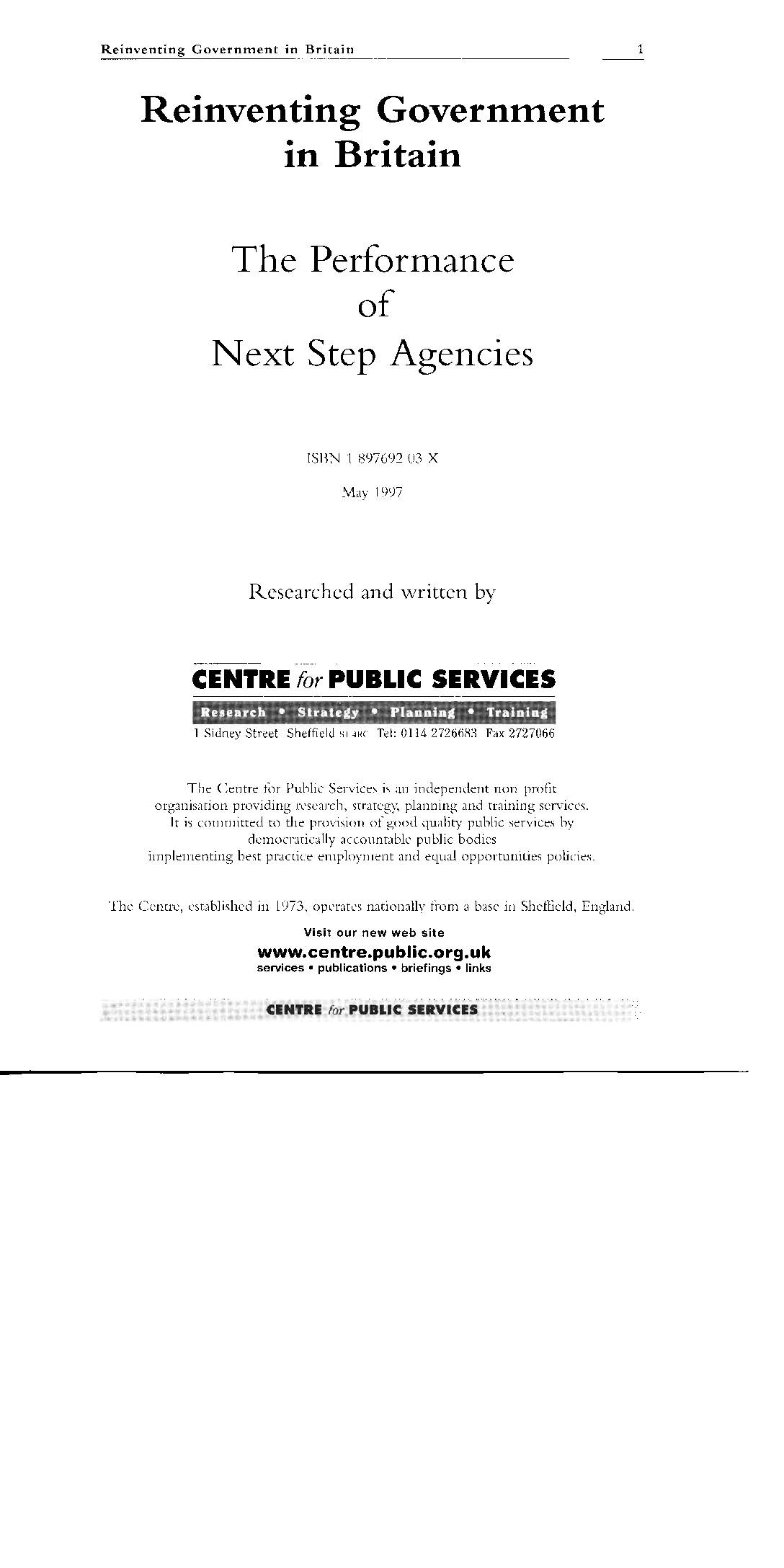 Reinventing Government in Britain- The Performance of Next Step Agencies: Implications for the USA