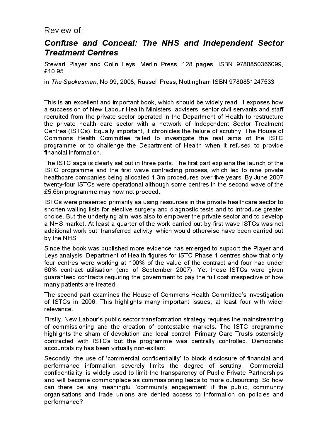 Book Review: Confuse and Conceal: The NHS and Independent Sector Treatment Centres