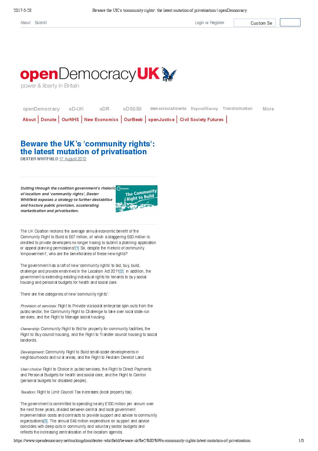 Beware the UK’s ‘community rights’: the latest mutation of privatisation, Open Democracy