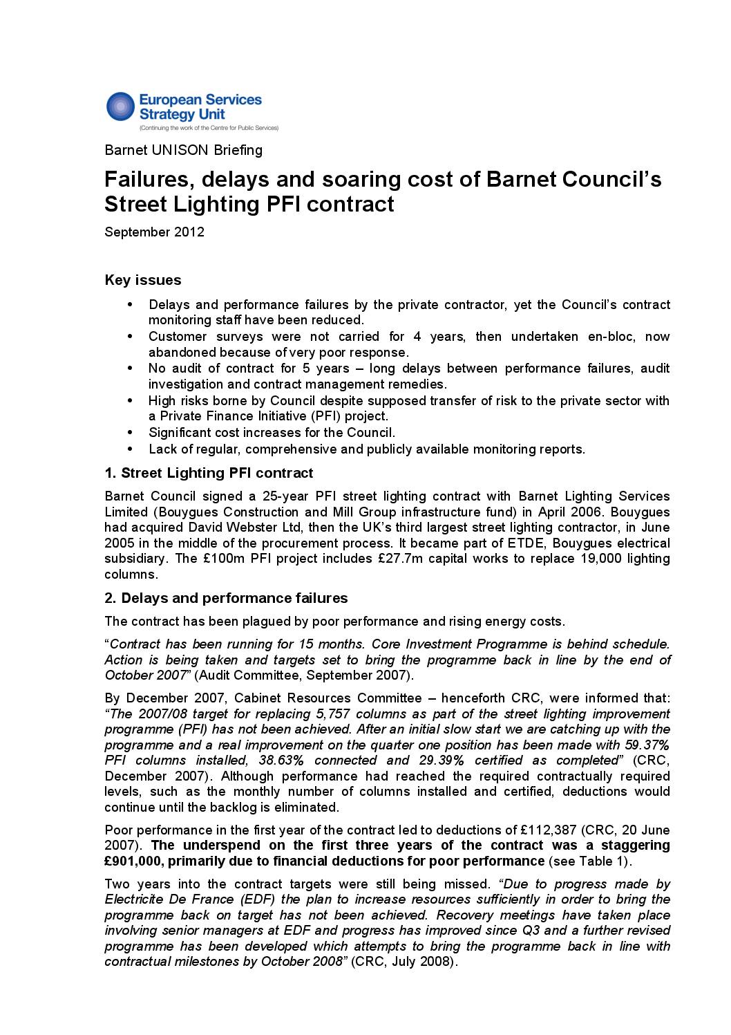 Failures, delays and soaring cost of Barnet Council’s Street Lighting PFI contract