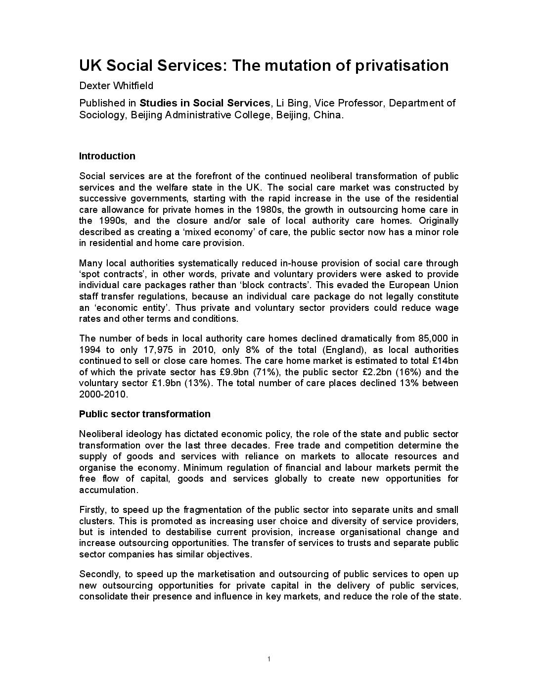 UK Social Services: the mutation of privatisation, Dexter Whitfield