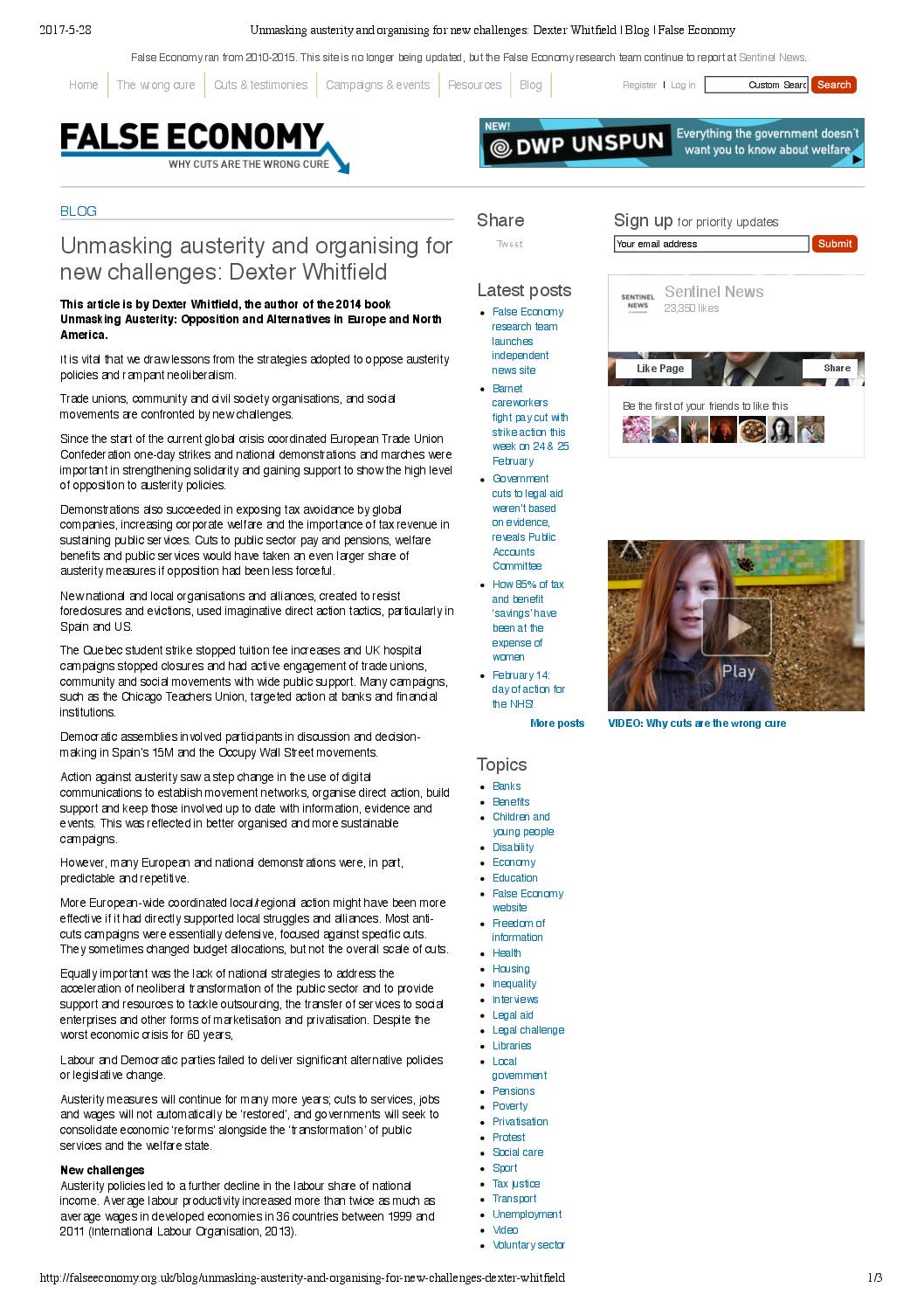 Unmasking austerity and organising for new challenges, Dexter Whitfield