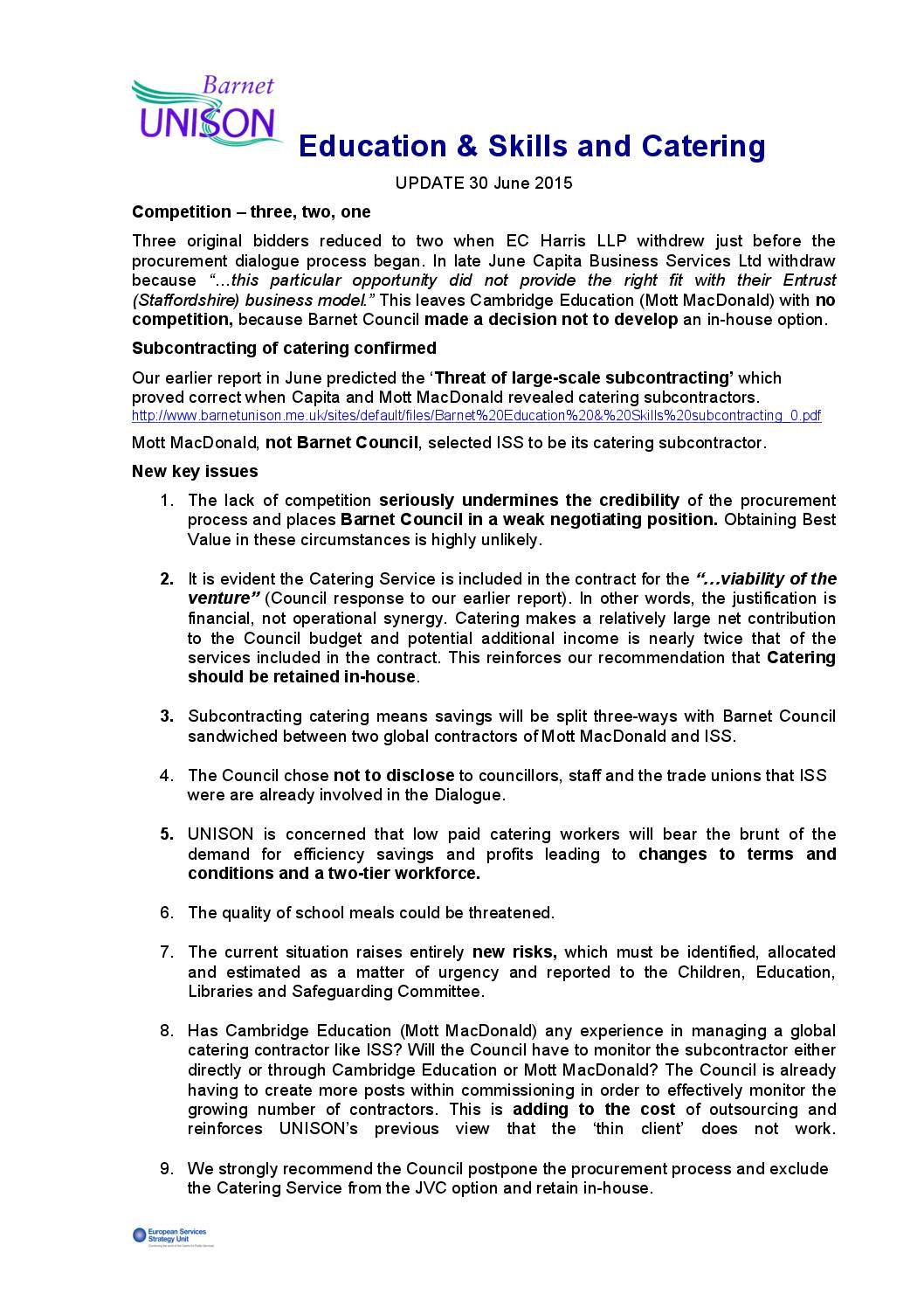 Education & Skills and Catering: Threat of large-scale subcontracting