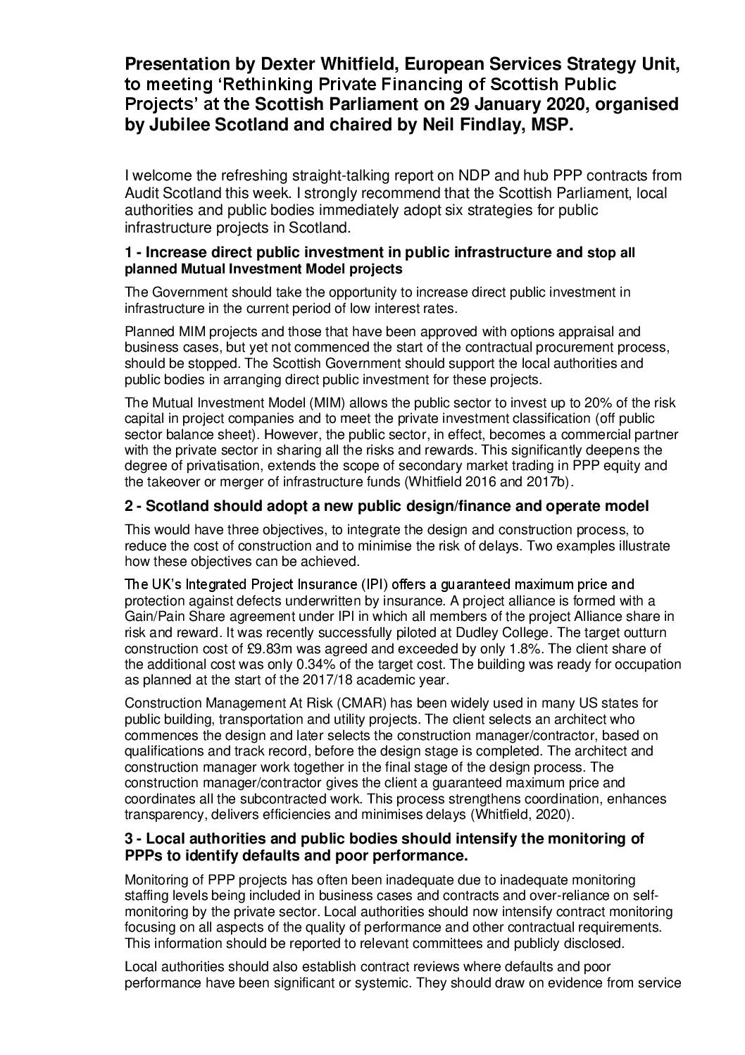 Presentation on PPPs at Scottish Parliament