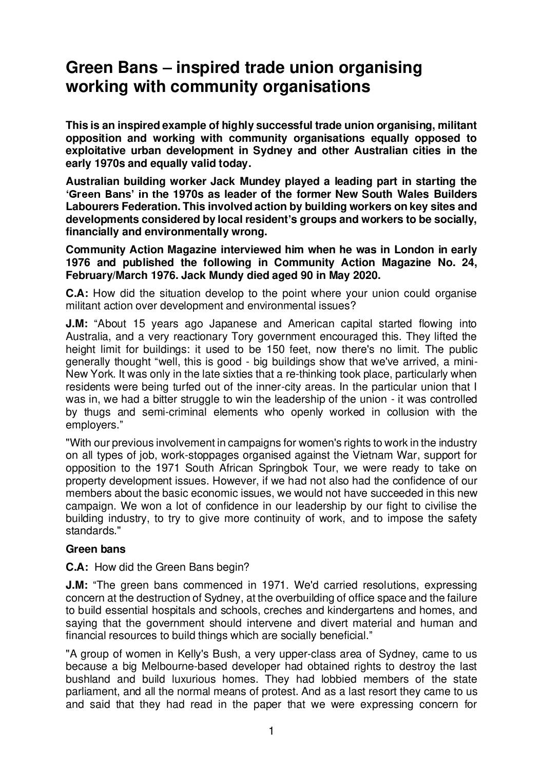 Green Bans – inspired trade union organising working with community organisations